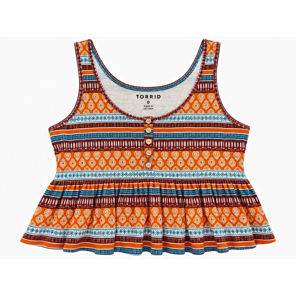 Torrid Women’s Plus 0X Orange Blue Brown Striped Scoop Neck Button Tank Top